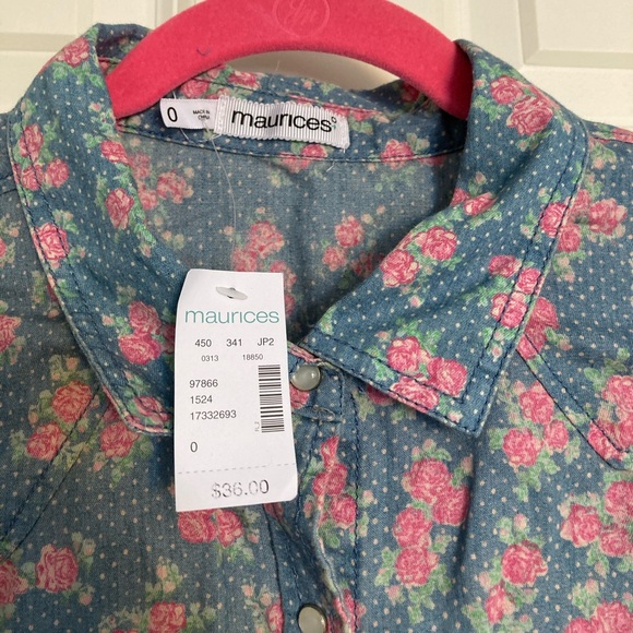 Floral Denim Long Sleeve Snapup Shirt Sz 0 PlusNWT - Picture 2 of 6